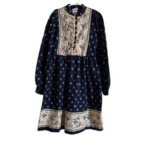 Vintage 70s Cinderella Floral Roses Navy Blue Dress Cottagecore Boho Girls 12